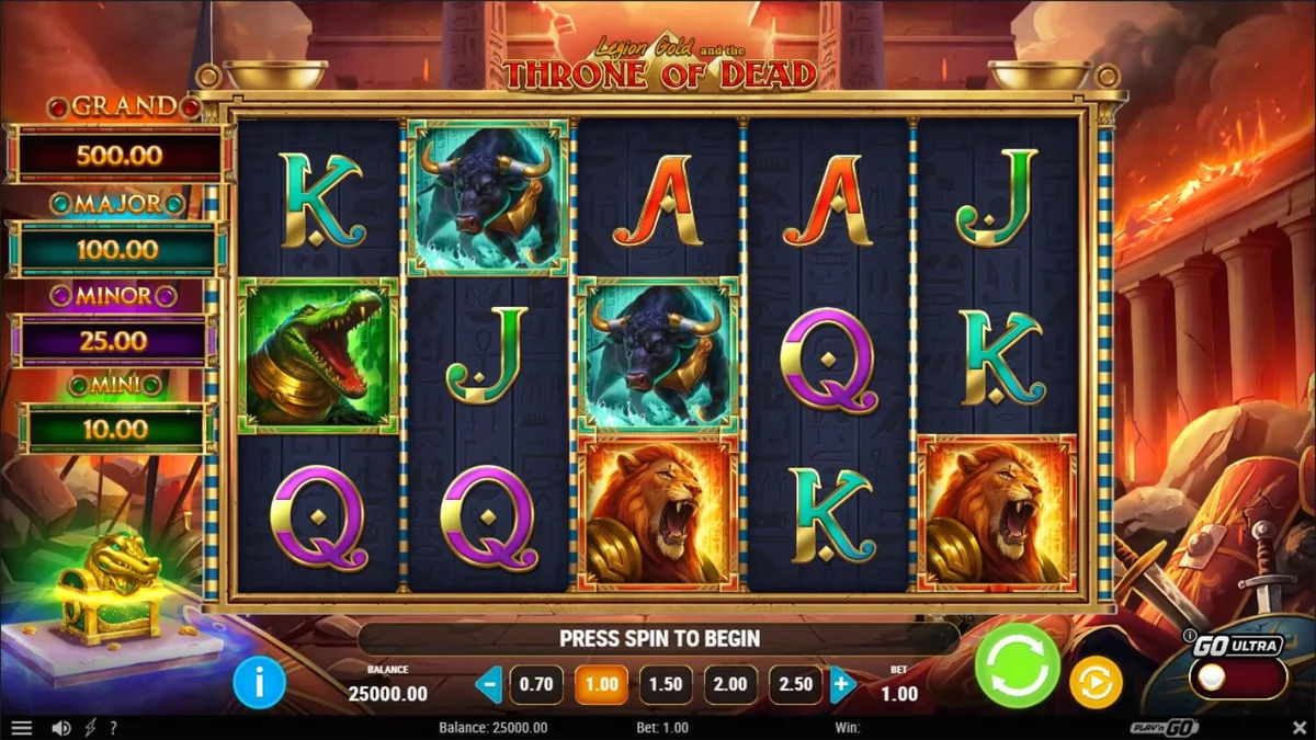 Legion Gold and the Throne of Dead slot machine interface showing Roman and Egyptian symbols.