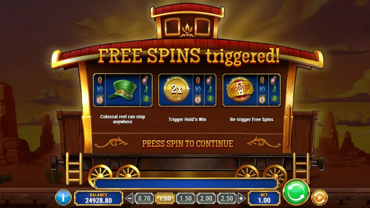 Tampilan visual slot Track’n Gold dengan latar belakang kereta uap di Amerika Barat